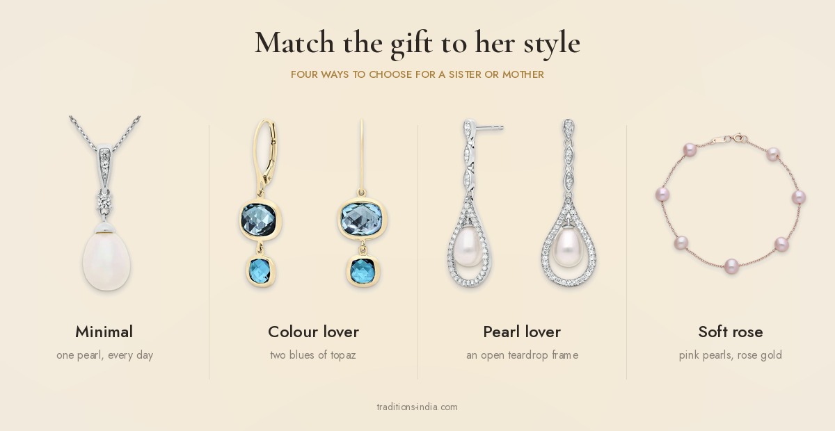Match the gift to her style: minimal Everyday Single Pearl Silver Necklace, colour lover Everyday Graduated Blue Topaz Bezel Drop Earrings, pearl lover Classic Open-Teardrop Pearl Silver Earrings, soft rose Everyday Pink Pearl Rose Gold Station Bracelet