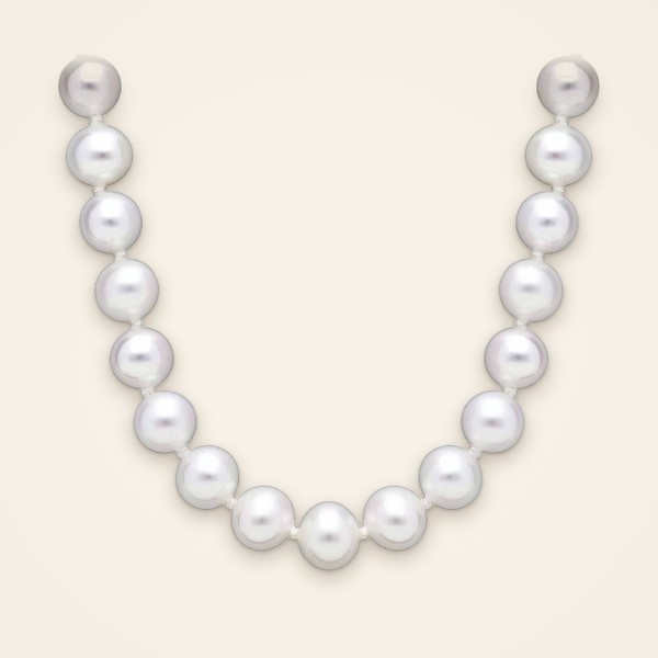 Classic Hand-Knotted White Pearl Necklace: a strand of white freshwater cultured pearls, hand-knotted, with a 14K white gold clasp - Traditions by Pooja Backliwal