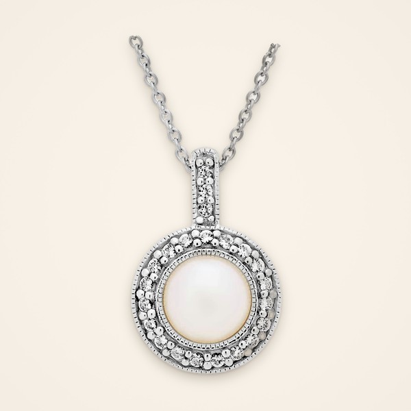 Classic Milgrain-Halo Pearl Silver Pendant: white freshwater cultured pearl in a milgrain white topaz halo, sterling silver - Traditions by Pooja Backliwal