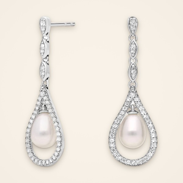 Classic Open-Teardrop Pearl Silver Earrings: white freshwater cultured pearls inside open white topaz teardrop frames, sterling silver - Traditions by Pooja Backliwal