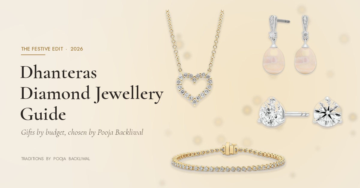Dhanteras Diamond Jewellery Guide: Everyday Open Heart Pavé Diamond Necklace, Everyday Pearl and Topaz Silver Drop Earrings, Classic One-Carat Round Diamond Stud Earrings and Classic Basket-Set Two-Carat Tennis Bracelet on warm ivory