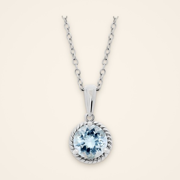 Everyday Aquamarine Rope-Edge Silver Pendant: round blue aquamarine in a rope-detail sterling silver frame on a fine chain - Traditions by Pooja Backliwal
