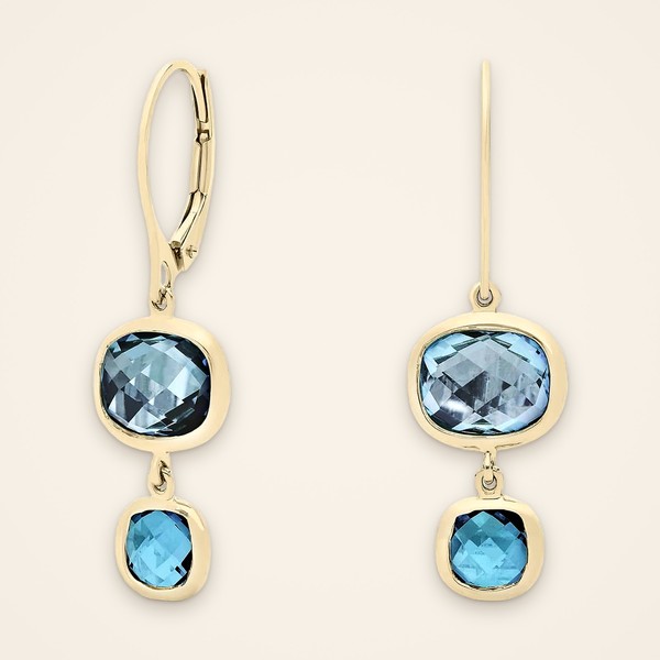 Everyday Graduated Blue Topaz Bezel Drop Earrings: sky blue and London blue topaz (irradiated) in 14K yellow gold bezels - Traditions by Pooja Backliwal