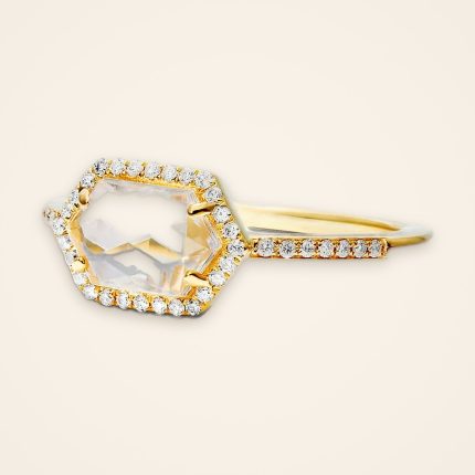 Everyday Hexagon White Topaz Milgrain Halo Ring - Traditions