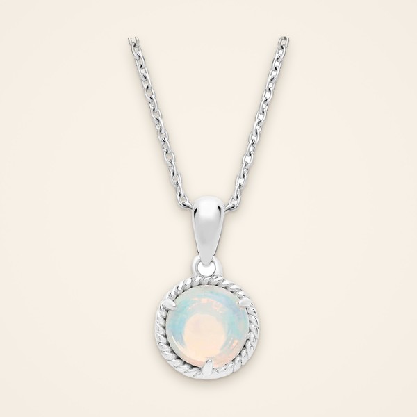 Everyday Opal Twisted-Frame Silver Pendant: round white opal in a twisted rope sterling silver frame on a fine chain - Traditions by Pooja Backliwal