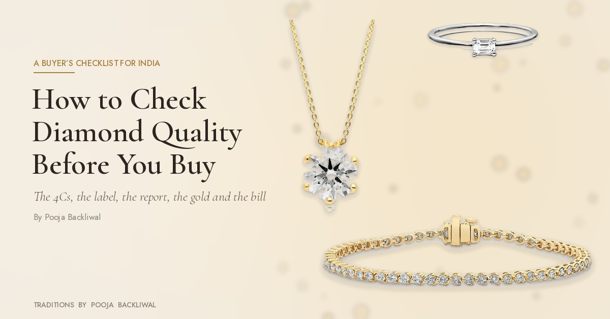 How to check diamond quality before you buy: Classic Quarter-Carat Six-Prong Diamond Pendant, Everyday East-West Emerald-Cut Diamond Ring and Classic Basket-Set Two-Carat Tennis Bracelet on warm ivory