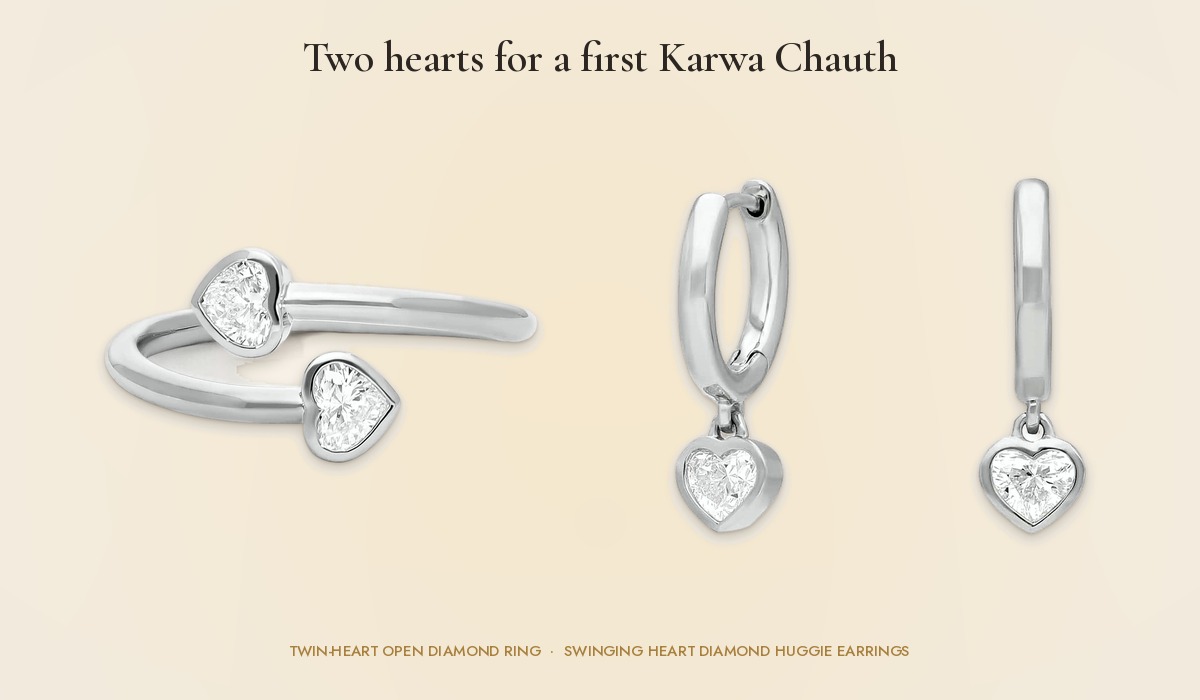 Contemporary Twin-Heart Open Diamond Ring with Everyday Swinging Heart Diamond Huggie Earrings in 14K white gold, a first Karva Chauth gift